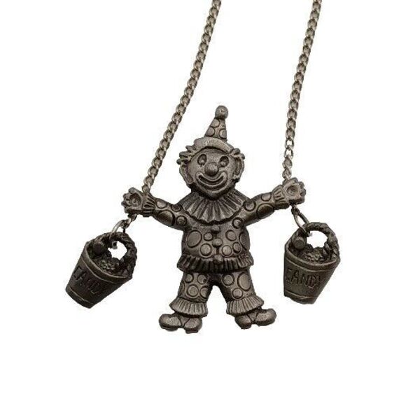 Jonette Jewelry climbing Clown Necklace With Bucket Full Of Candy Pewter Vintage - Picture 1 of 15